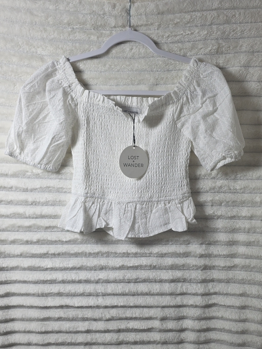 0566‎ Lost + Wander White Smocked Peplum Puff Sleeve Blouse